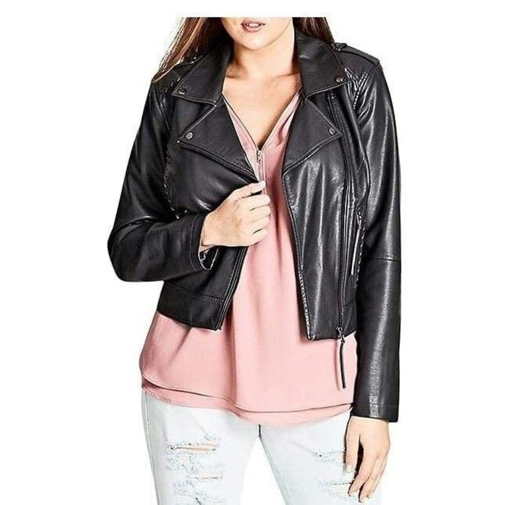 City Chic Womens Plus XS 14 Black Whip Stitch Faux Leather Moto Jacket NWT C60